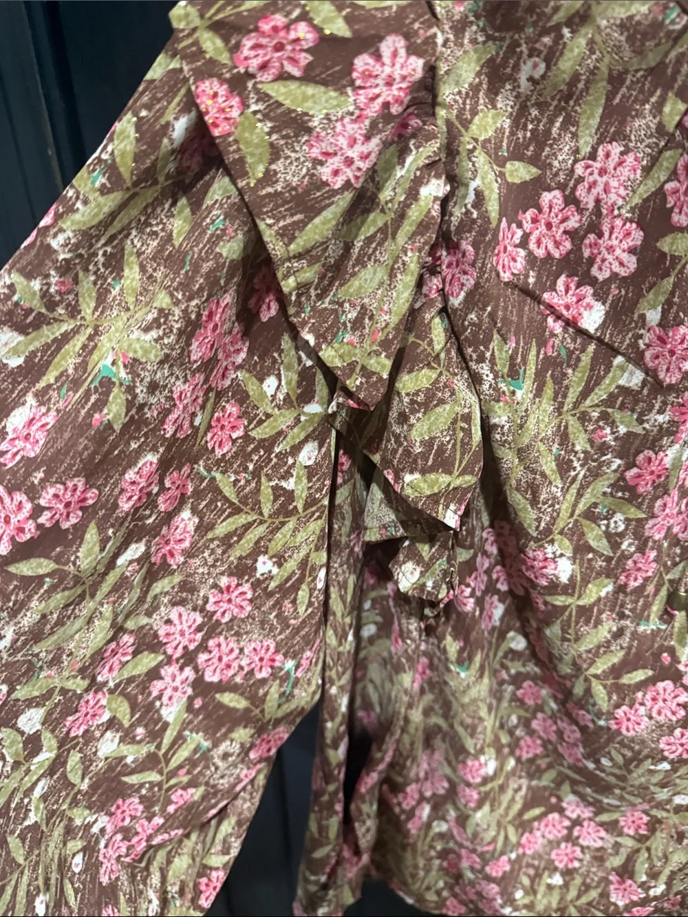 entro Floral Ruffle Tie-Neck Blouse in Brown & Pink - Picture 3 of 6